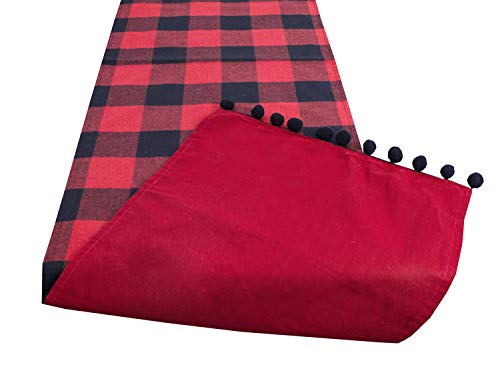 Fennco Styles Buffalo Plaid Red and Black Velvet Pom Pom Trim Design Cotton Table Runner