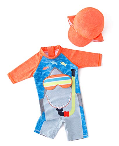 stylesilove Little Boys Shark with 3D Swim Glasses One-Piece Rash Guard Swimsuit with Sun Hat 2pcs Beach Swimwear