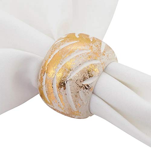 Fennco Styles Distressed Foil Print Design Wood Napkin Rings, Set of 4 - Silver Decorative Napkin Holders for Home, Dining Room, Banquet, Family Gathering, Holiday and Special Occasion