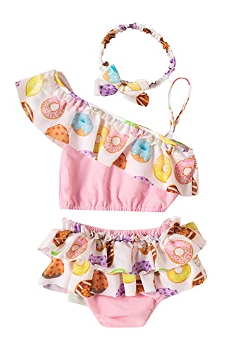 stylesilove Baby Toddler Girls Cute Donut Print Asymmetrical Flounce Bikini Swimsuit 2pcs Ruffle Bathing Suit Beachwear