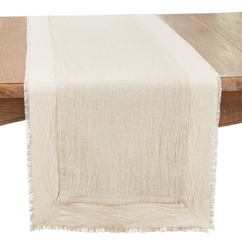 Fennco Styles Double-Layer Fringe Cotton Blend Table Runner 16”W x 72" L - Natural Woven Table Cover for Home Décor, Dining Table, Banquets, Holidays and Special Occasions