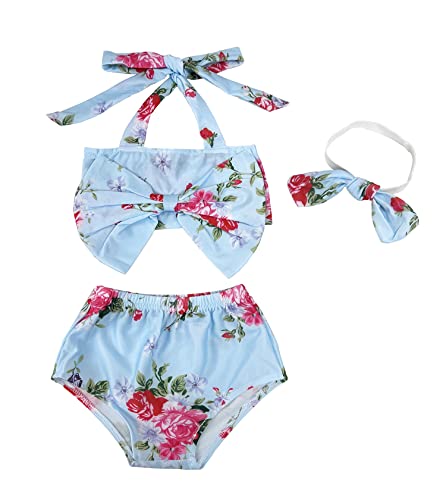 stylesilove Baby Toddler Girls Floral Print Bowknot Bikini Swimsuit and Headband 3pcs Blue Bathing Suit Beach Swimwear