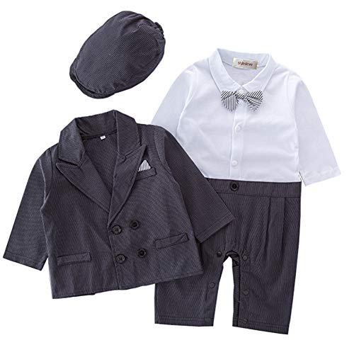 stylesilove Baby Toddler Boy Bow-tie Formal Wear Romper, Jacket & Hat 3pcs Set for Holidays, Wedding, Special Event Outfit