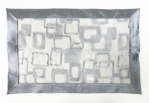 Fennco Styles Embroidered Geometric Sheer Placemats 13" W x 19" L, Set of 4 - Silver Table Mats for Home, Dining Room, Banquets, Christmas and Special Events
