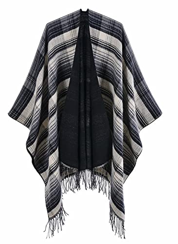 stylesilove Women Reversible Plaid Fringe Knitted Open Front Poncho Cape Oversized Cardigan Fall Winter Wrap Shawl