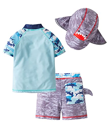 Styles I Love Kid Boys Shark Printed Short Sleeve Rash Guard Set and Sun Hat 3pcs Multicolored Swimsuit Beach Bathing Suit