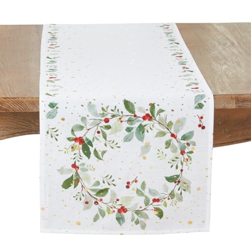 Fennco Styles Red Berry Wreath Table Runner 16" W x 72" L - White Table Cover for Dining Table, Banquets, Christmas, Winter Holiday Décor, Family Gatherings, and Special Events
