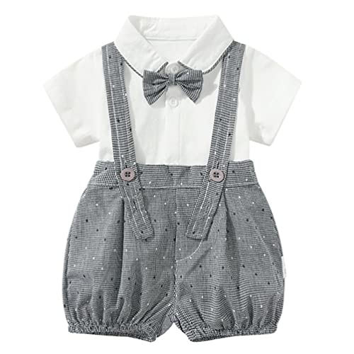stylesilove Baby Boys Short Sleeve Collared Bodysuit and Suspender Shorts, Bowtie 3pcs Gentleman Set Cotton Overalls Outfit