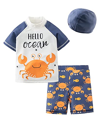 Styles I Love Kid Boys Hello Ocean & Crab Short Sleeve Rash Guard Set and Hat 3pcs White Swimsuit Beach Bathing Suit