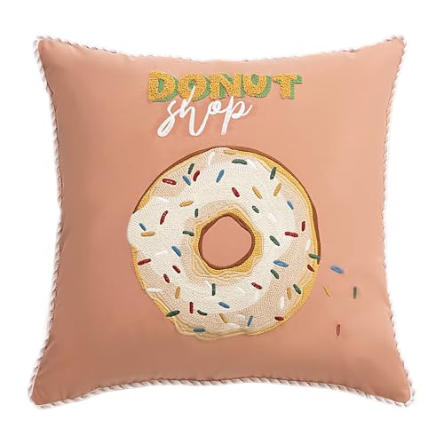 Fennco Styles Cute Embroidered Donut Design Throw Pillow Cover 18" W x 18" L - White Novelty Cushion Case for Home, Couch, Sofa, Bedroom, Kids Room, Playroom and Office Décor