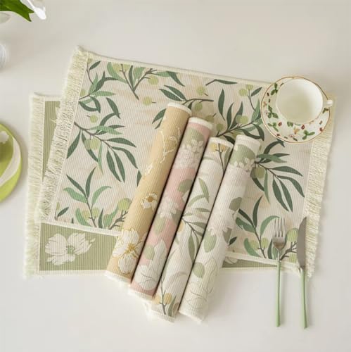 Fennco Styles Floral Printed with Fringe Placemats 14" W x 19" L, Set of 4 - Yellow Flower Table Mats for Dining Room, Banquets, Family Gatherings, and Holidays