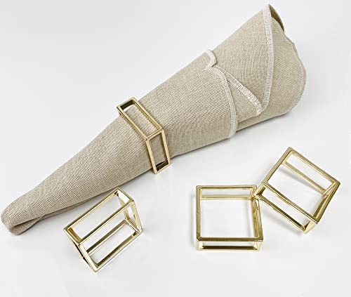 Fennco Styles Square Metal Frame Napkin Rings, Set of 4 - Gold Minimalist Bangle Napkin Holders for Home, Dining Room, Banquets, Family Gatherings, Holidays and Special Occasions