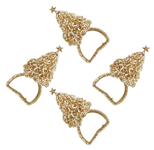 Fennco Styles Hand Beaded Christmas Tree Metal Napkin Rings, Set of 4 - Silver Decorative Napkin Holders for Home, Dining Room, Banquet, Family Gathering, Holiday and Special Occasion