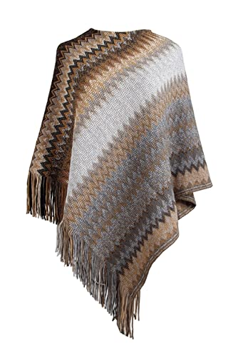 stylesilove Women Autumn Winter Knitted Zig-Zag Pullover Fringe Poncho Sweater Chevron Wrap Cape Lightweight Shawl