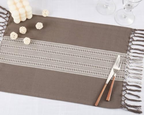 Fennco Styles Banded Stripe Fringe Placemats 14" W x 20" L, Set of 4 - Cotton Woven Table Mats for Home, Dining Table Décor, Banquets and Special Occasion
