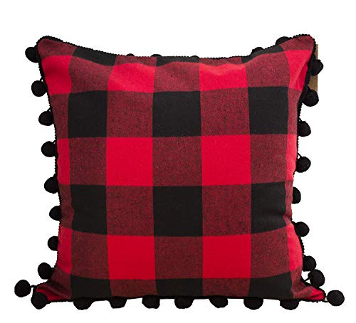 Fennco Styles Buffalo Plaid Red and Black with Pom Pom Design 17-Inch Square Decorative Throw Pillow for Holiday, Christmas, Home and Bedroom Décor