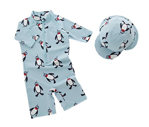 stylesilove Little Boys Cute Penguin One-Piece Rash Guard with Sun Hat 2 pcs Green Swimsuit Beach Swimwear