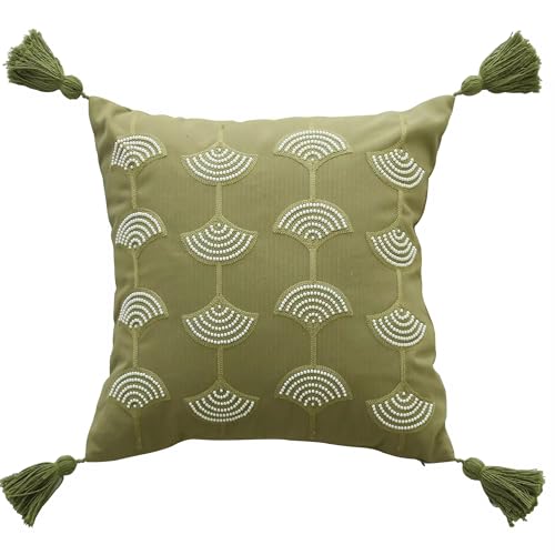 Fennco Styles Hand Beaded Embroidery Ginkgo Leaf Throw Pillow with Tassel 18" W x 18" L - Green Leaves Cotton Cushion for Home, Couch, Living Room, Bedroom and Office Décor