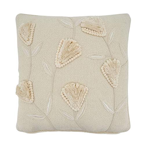 Fennco Styles Delicate Flower Applique Cotton Decorative Throw Pillow Cover 18 x 18 Inch - Ivory Accent Cushion Case for Home, Couch, Living Room and Everyday Décor