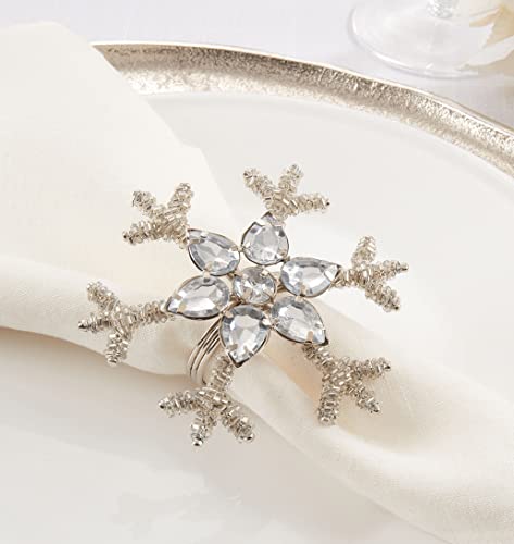 Fennco Styles Beaded Snowflake Holiday Napkin Rings, Set of 4 - Silver Jeweled Napkin Holders for Home Décor, Christmas, Banquets, Weddings and Special Occasions