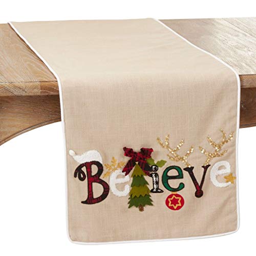 Fennco Styles Believe Christmas Cotton Table Runner 16" W x 72" L - Natural Festive Table Cover for Home Décor, Dining Table, Banquet, Holiday, Christmas and Special Occasion