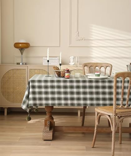Fennco Styles Plaid Woven 100% Cotton Tablecloth with Pom Pom - Green Table Cover for Winter Holiday Décor, Banquet, Family Gathering and Special Occasion