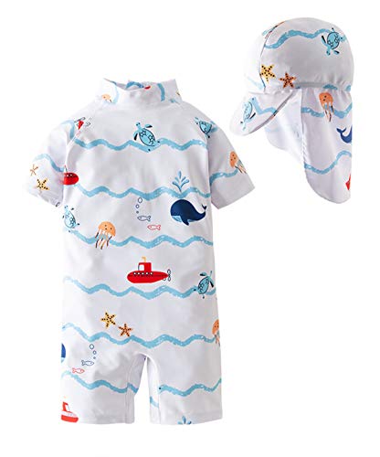 Styles I Love Little Boys Sea Animals Print One-Piece Rash Guard Swimsuit with Sun Hat 2pcs Set Bathing Suit Beach Swimwear