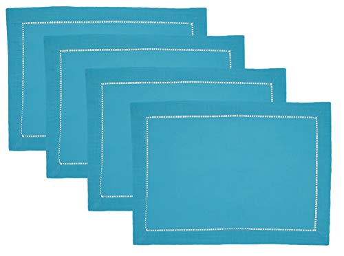 Fennco Styles Classic Hemstitch Design Table Placemats, Set of 4 – 14" W x 20" L Turquoise Table Mats for Home Décor, Dining Table, Banquets, Holidays and Special Occasions