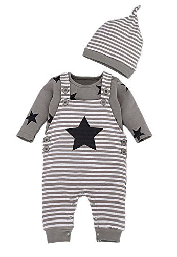 stylesilove Stripe and Stars Baby Boy T-Shirt, Overalls and Hat 3-pc