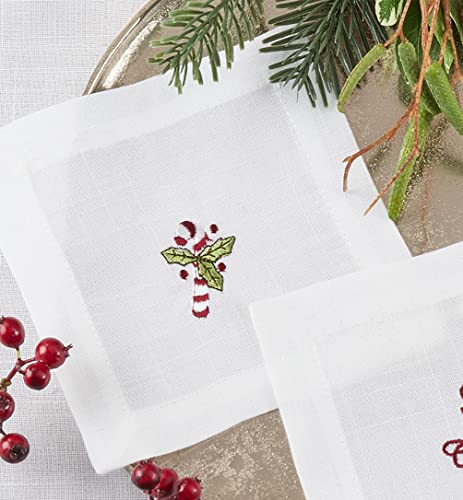 Fennco Styles Embroidered Christmas Cocktail Napkins 6" W x 6" L, Set of 4 - White Cloth Coasters for Dining Table, Family Gatherings, Holidays, Banquets & Home Décor