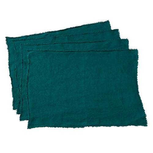 Fennco Styles Stonewashed Fringe Design 100% Linen Placemats 14" W X 20" L, Set of 4