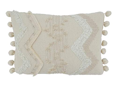 Fennco Styles Delicate Cord Pom Pom Applique Cotton Decorative Throw Pillow Cover & Insert 12 x 18 Inch - Ivory Accent Cushion for Home, Couch, Living Room and Everyday Décor