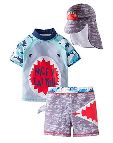 Styles I Love Kid Boys Shark Printed Short Sleeve Rash Guard Set and Sun Hat 3pcs Multicolored Swimsuit Beach Bathing Suit