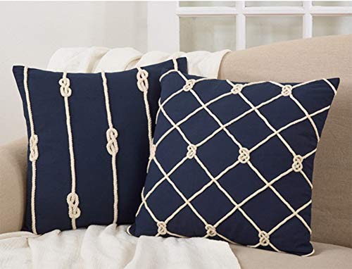 Fennco Styles Corda Di Mare Collection Nautical Rope 100% Pure Cotton 20 x 20 Inch Throw Pillow with Case & Insert - Navy Blue Accent Pillow for Couch, Bedroom and Living Room Décor