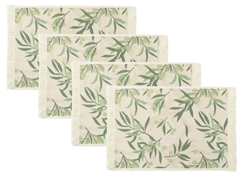 Fennco Styles Berries & Leaves Printed with Fringe Placemats 14" W x 19" L, Set of 4 - Botanical Design Table Mats for Dining Room, Banquets, Family Gatherings, and Holidays