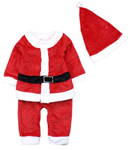 stylesilove Baby Boy Santa Claus Christmas Long Sleeve Fleece Romper with Hat 2pcs Red Winter Holiday Outfit