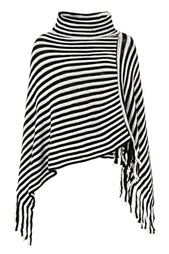 stylesilove Women Autumn Winter Knit Striped Turtleneck Fringe Poncho Pullover Shawl Warm Soft Wrap Lightweight Cape