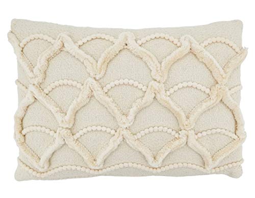 Fennco Styles Delicate Tufted Fringe Applique Cotton Decorative Throw Pillow Cover & Insert 12 x 18 Inch - Ivory Accent Cushion for Home, Couch, Living Room and Everyday Décor
