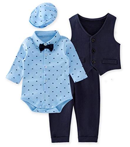 stylesilove Infant Toddler Baby Boys Blue Romper, Pants, Vest and Hat 4-Piece Gentlemen Formal Wear Clothing Set