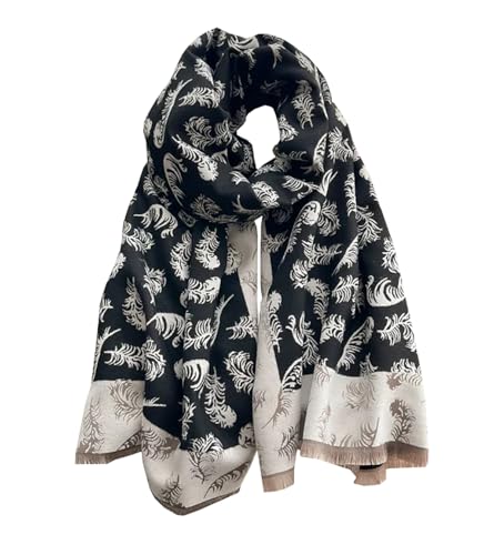 stylesilove Women Black Elegant Feather Print Cashmere Scarf Warm Ultra Soft Fringe Scarves Shawl Neck Wraps for Autumn and Winter
