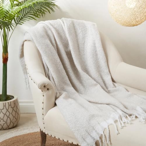 Fennco Styles Faux Mohair Herringbone Throw Blanket 50" W x 60" L – Natural Cozy Fringe Blanket for Home, Couch, Bedroom, Living Room, Office, and Holiday Décor