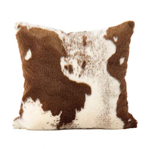 Fennco Styles Rustic Faux Fur Cow Hide 18 x 18 Inch Decorative Throw Pillow with Case & Insert – Brown Fur Pillow for Couch, Bedroom and Living Room Décor