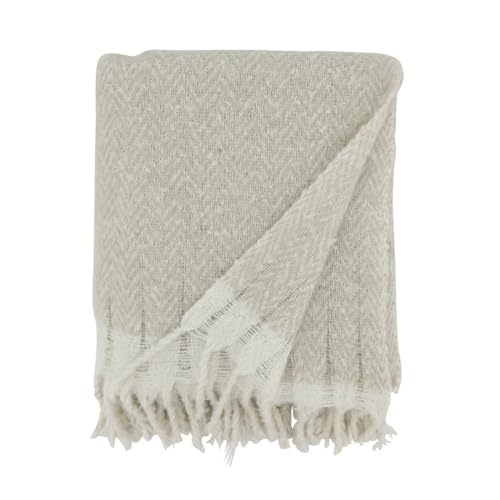 Fennco Styles Faux Mohair Herringbone Throw Blanket 50" W x 60" L – Natural Cozy Fringe Blanket for Home, Couch, Bedroom, Living Room, Office, and Holiday Décor