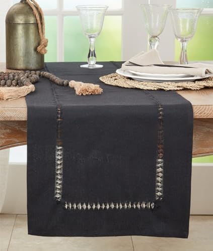 Fennco Styles Classic Solid Color Hemstitch Cotton Table Runner 16" W x 72" L - Black Everyday Table Cover for Home Décor, Dining Table, Banquet, Family Gathering, and Special Occasions