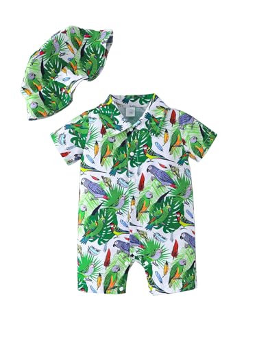 stylesilove Infant Baby Boys Green Tropical Parrot Print Short Sleeve Romper with Hat 2-Piece Summer Outfit