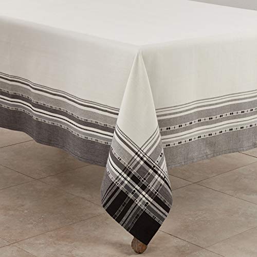 Fennco Styles Neutral Cotton Tablecloth with Plaid Border Design - Grey Border Table Cover for Home Décor, Dining Table, Banquets and Special Occasion