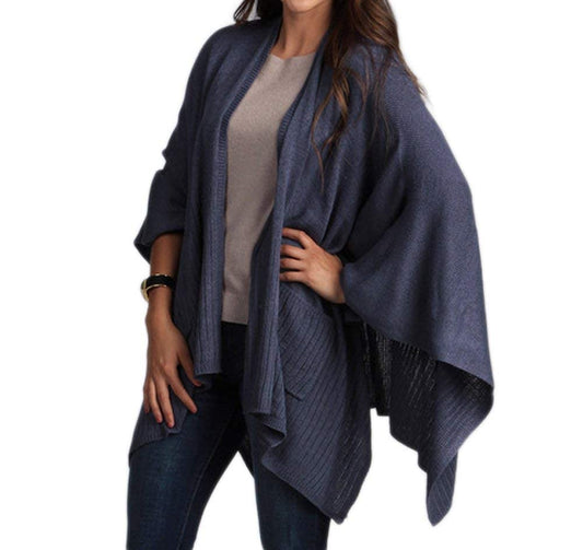 Taleen Chic Knitted Poncho Cape Shawl Wrap with Pockets, 3 Colors (Indigo)
