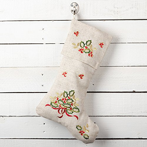 Fennco Styles Embroidered Holly Design Decorative Linen Blend Christmas Tree Skirt and Stocking