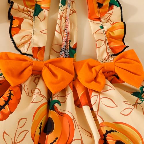 stylesilove Infant Baby Girl Orange Long Sleeve Romper Pumpkin Print Overall Dress with Headband 3pcs Halloween Outfit