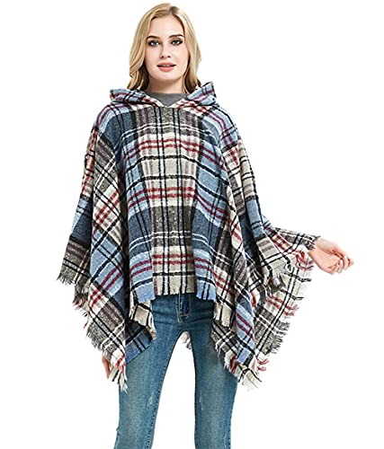 stylesilove Autumn Winter Women Blue Plaid Fringed Hooded Poncho Cardigan Cozy Wrap Jacket